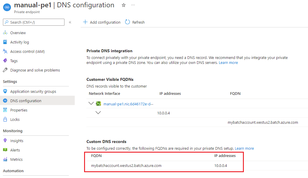 Impostazioni DNS dell'endpoint privato e indirizzi IP