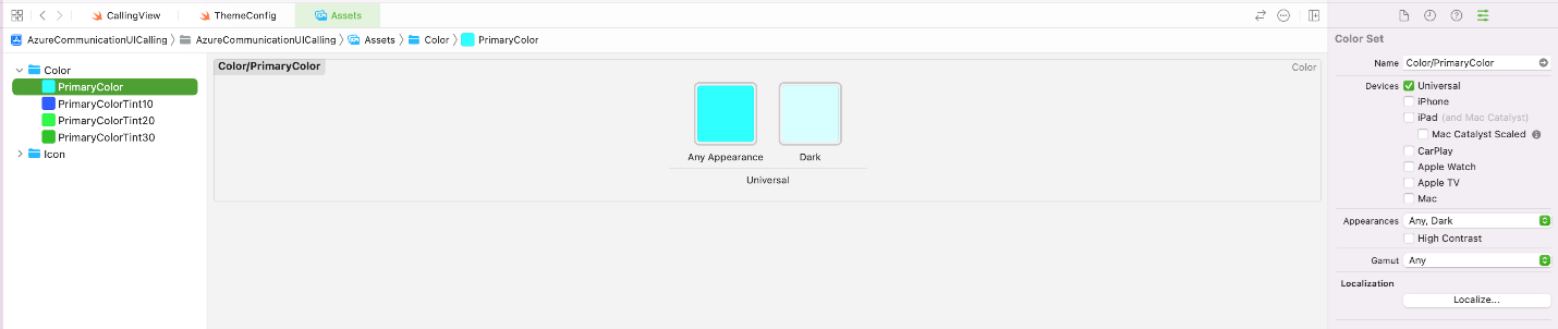 Screenshot of an example configuration of iOS color assets.