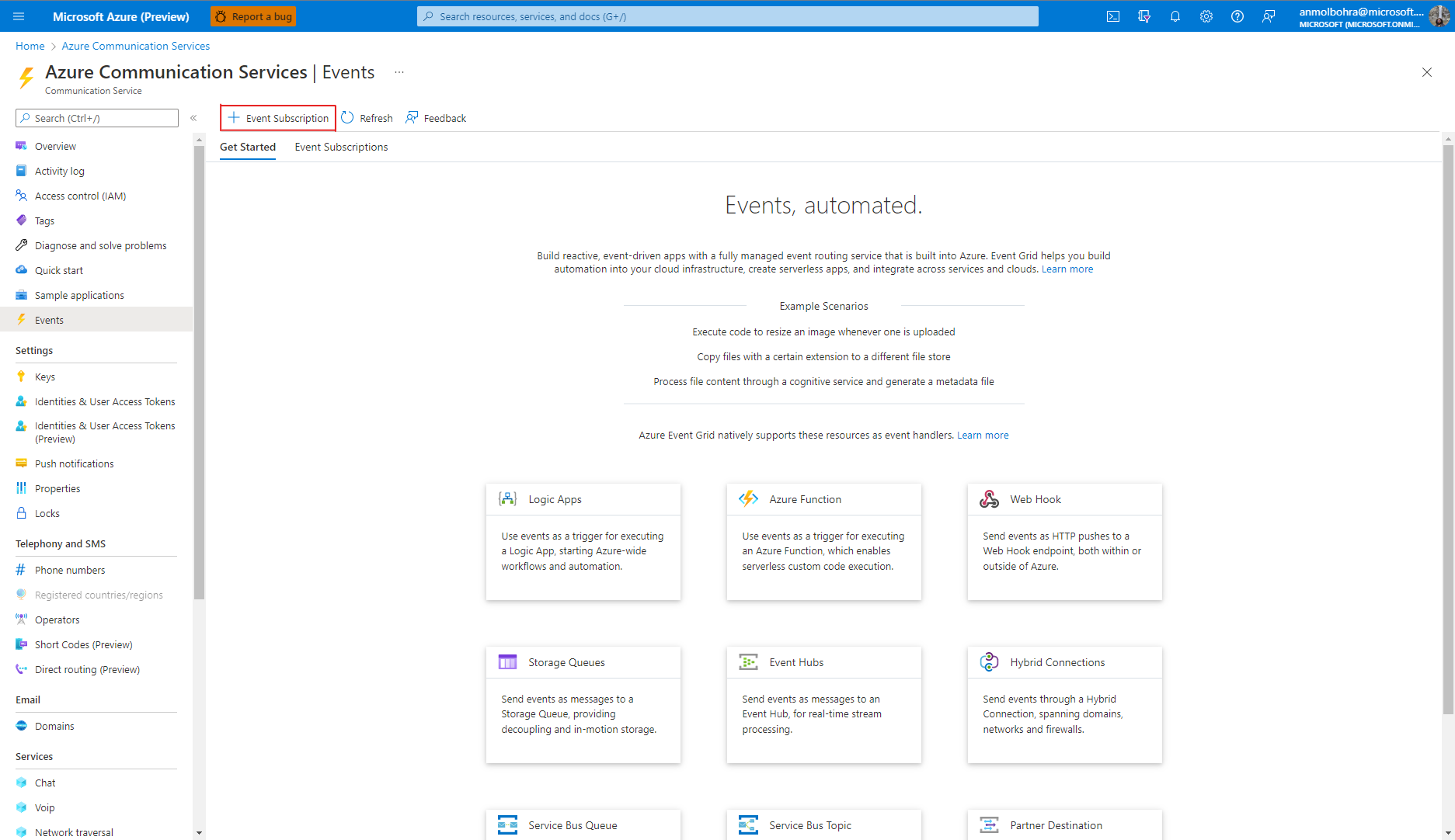 Screenshot che mostra la pagina Eventi di una risorsa Servizi di comunicazione di Azure. Viene chiamato il pulsante Sottoscrizione eventi.