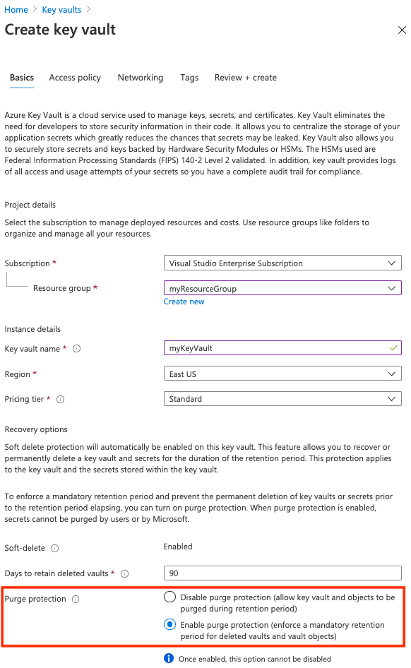Screenshot delle opzioni per la creazione di un insieme di credenziali delle chiavi nel portale di Azure.