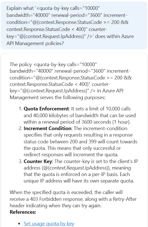 Screenshot di Microsoft Copilot in Azure che fornisce informazioni su un criterio di Gestione API specifico.