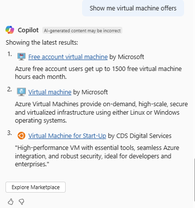 Screenshot di Azure Copilot che offre opzioni per le offerte di macchine virtuali in Azure Marketplace.