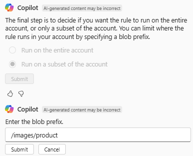 Screenshot di Azure Copilot che conferma dove eseguire una nuova regola di gestione del ciclo di vita.