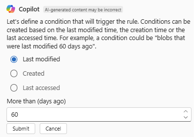 Screenshot di Azure Copilot che conferma l'azione e la condizione per una regola di gestione del ciclo di vita dell'account di archiviazione.