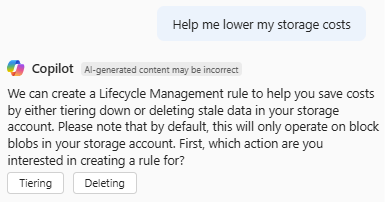 Screenshot di Azure Copilot che risponde a una richiesta per ridurre i costi di archiviazione.