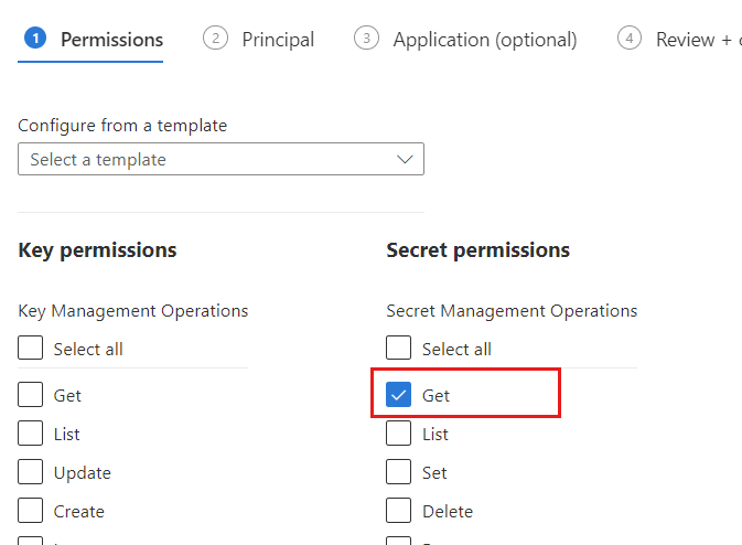 Screenshot dell'autorizzazione Get enabled for Secret permissions (Ottenere l'autorizzazione abilitata per le autorizzazioni segrete).