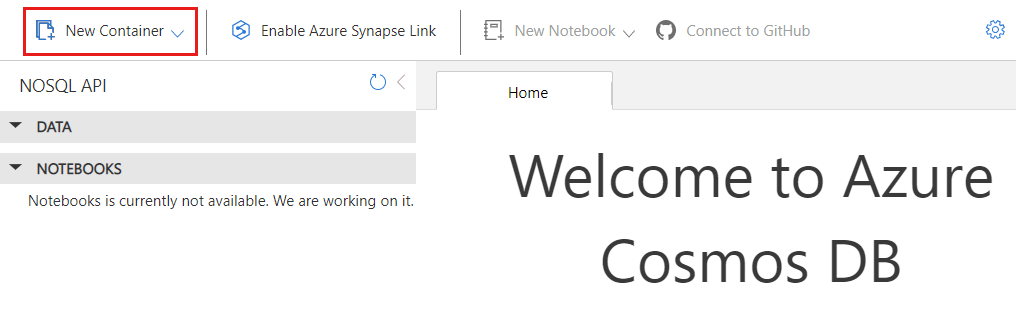 Screenshot dell'opzione Nuovo contenitore nella barra dei comandi di Esplora dati.
