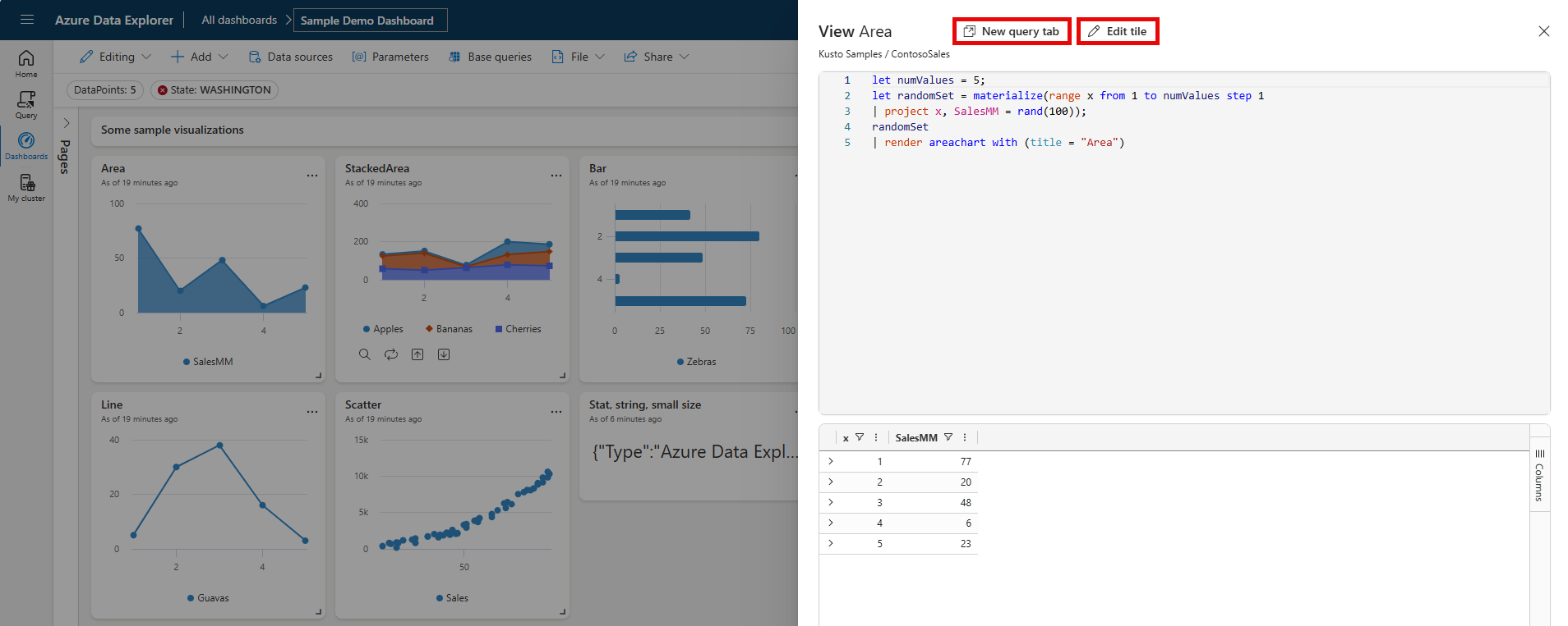 Screenshot del riquadro query di visualizzazione con la query nella parte superiore della schermata e risultati nella metà inferiore.
