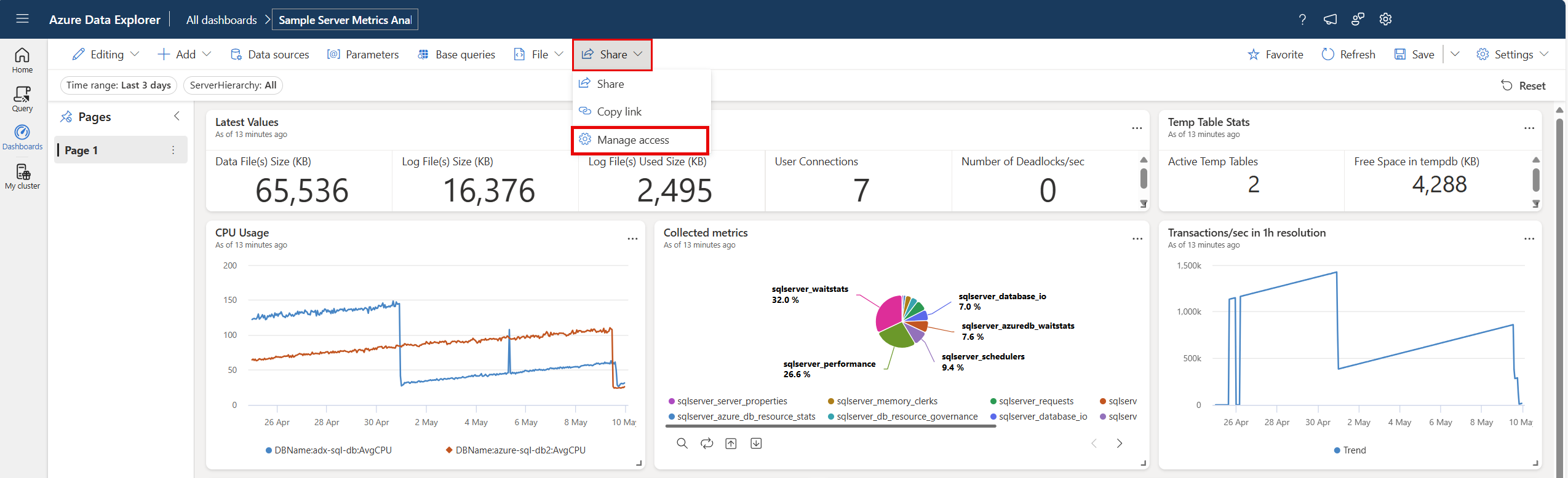 Screenshot del menu a tendina del dashboard di condivisione.