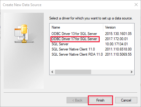 Screenshot della finestra di dialogo di selezione driver ODBC che mostra l'opzione ODBC Driver 17 for SQL Server selezionata.