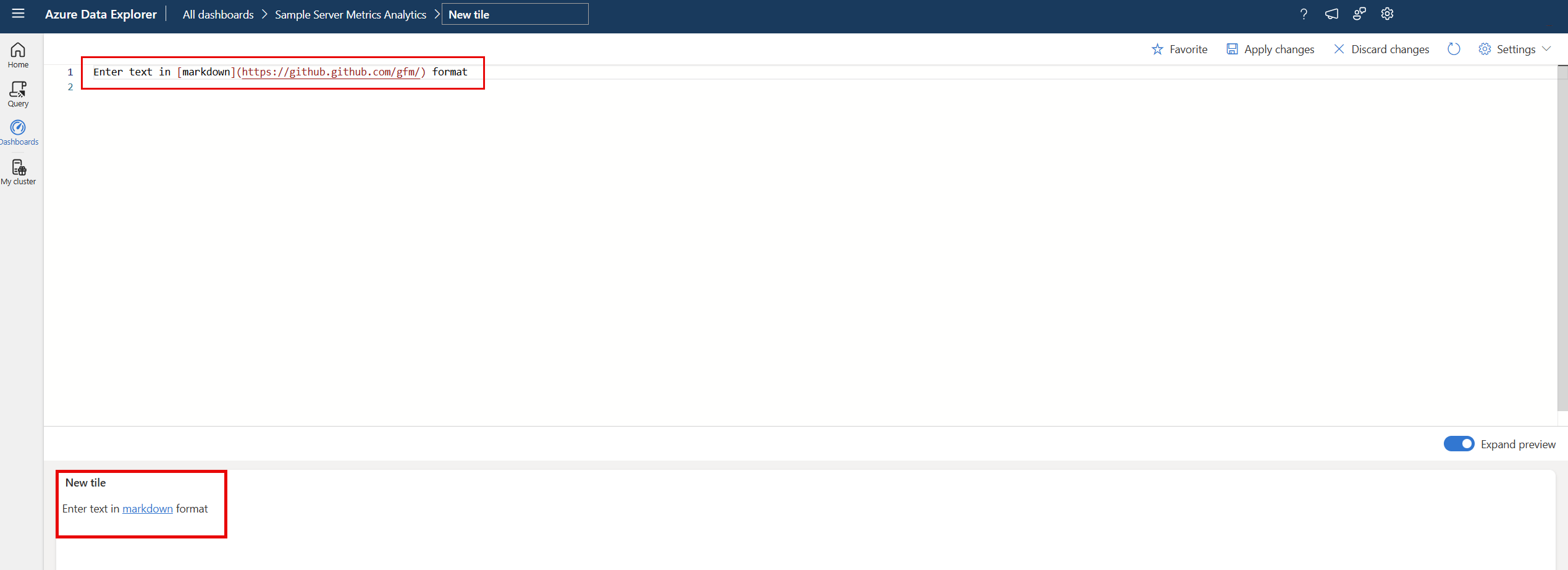 Screenshot del riquadro query del dashboard che mostra la sintassi dell'immagine nel testo markdown. 