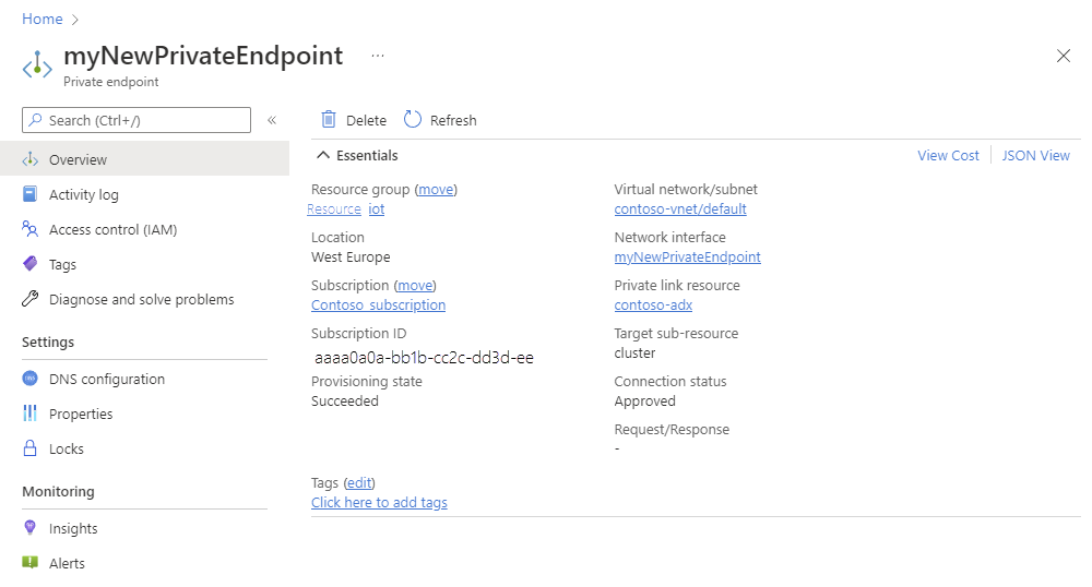 screenshot della pagina Crea endpoint privato, che mostra i risultati della creazione dell'endpoint privato.