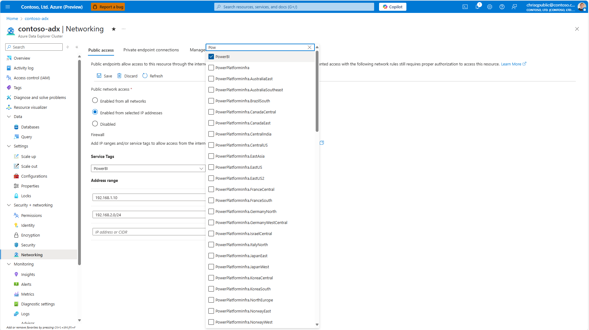 Screenshot della pagina di configurazione di rete, che mostra la barra di ricerca tag del servizio per configurare i tag di servizio consentiti.