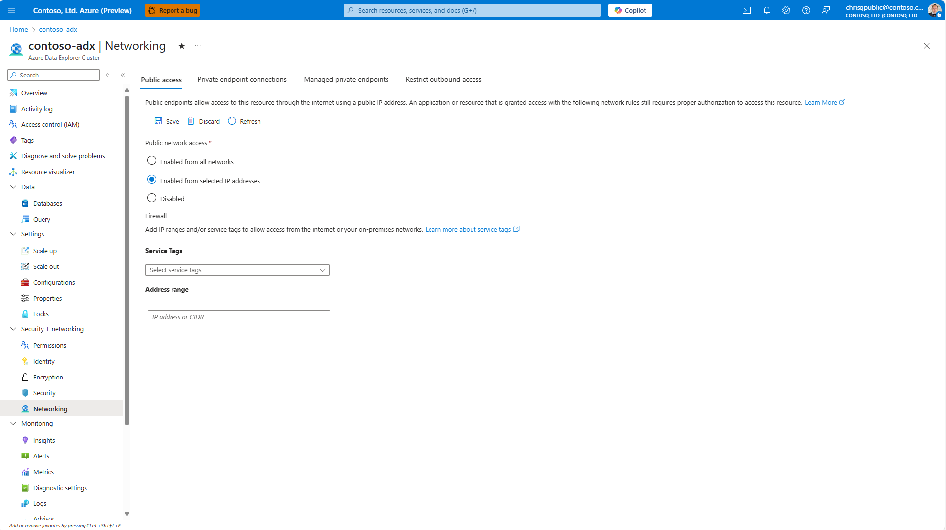 Screenshot della pagina di configurazione di rete, che mostra l'opzione abilitata dagli indirizzi IP selezionati senza alcun intervallo di indirizzi o tag di servizio configurati.