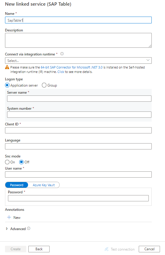 Screenshot che mostra la configurazione per un servizio collegato di tabella SAP.