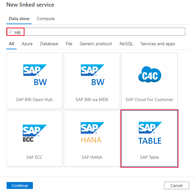 Screenshot che mostra il connettore di tabelle SAP.