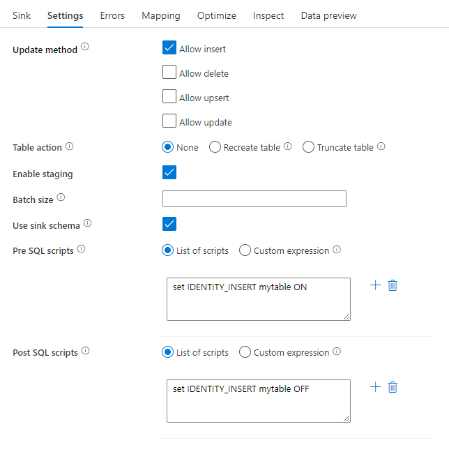 Screenshot che mostra gli script di pre e post-elaborazione SQL nel flusso di dati di Azure Synapse Analytics.