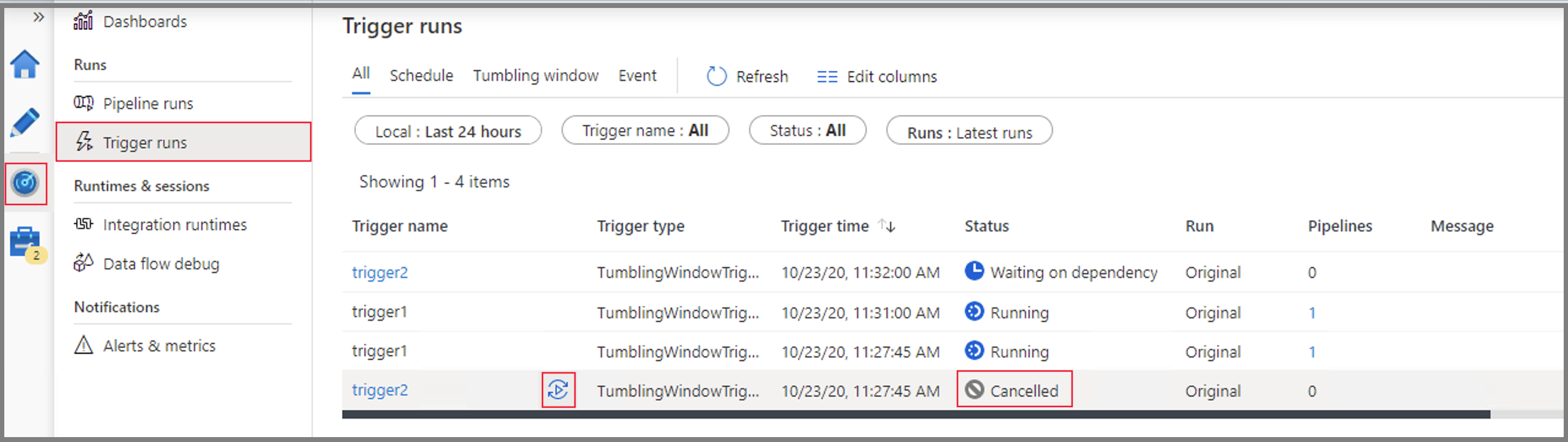 Screenshot che mostra la ripetizione di un trigger periodici per le esecuzioni annullate in precedenza in Data Factory.