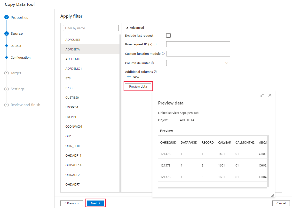 Configurare il filtro SAP BW Open Hub