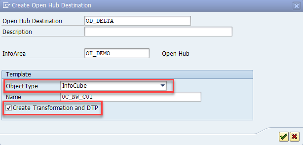 Finestra di dialogo Crea estrazione delta OHD SAP BW