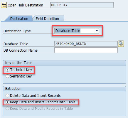 Finestra di dialogo Crea estrazione delta2 OHD SAP BW