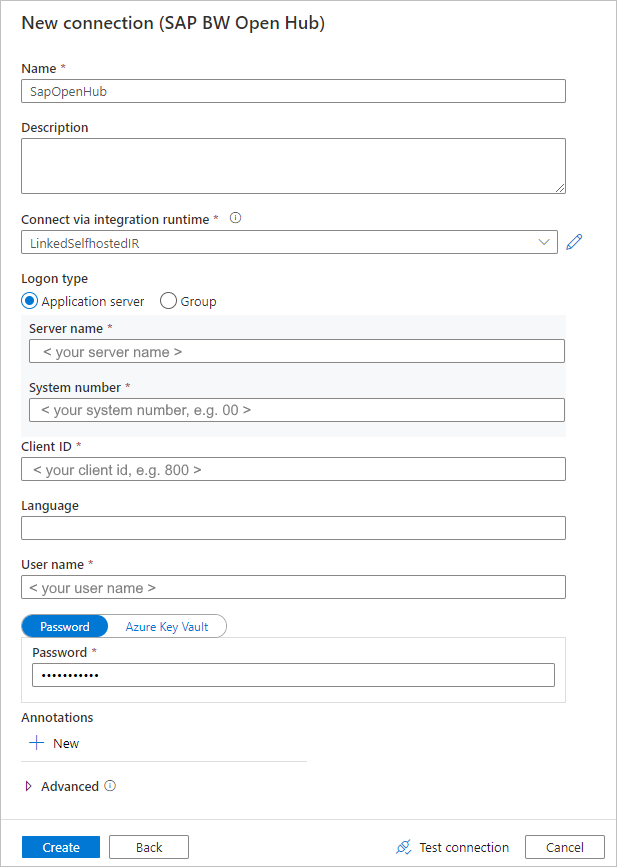 Crea la Pagina del servizio collegato a SAP BW Open Hub