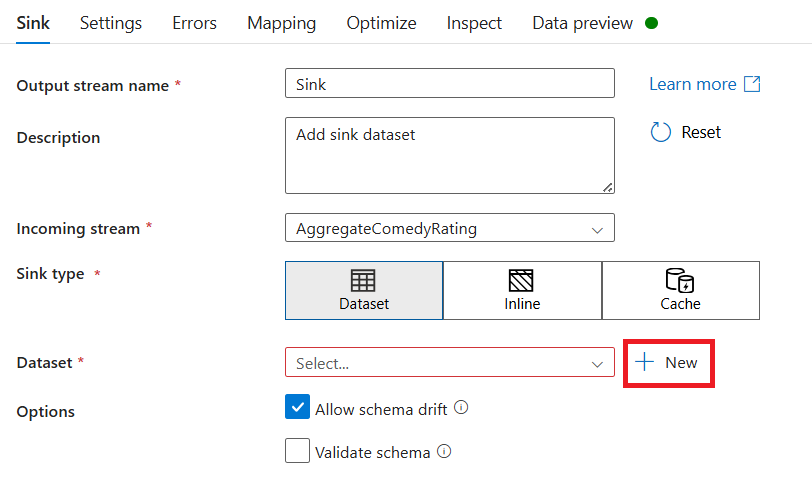 Screenshot che mostra dove poter assegnare un nome al sink e creare un nuovo set di dati del sink.