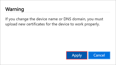 Screenshot dell'avviso nella pagina Dispositivo dell'interfaccia utente Web locale di un dispositivo Azure Stack Edge. Il pulsante OK è evidenziato.