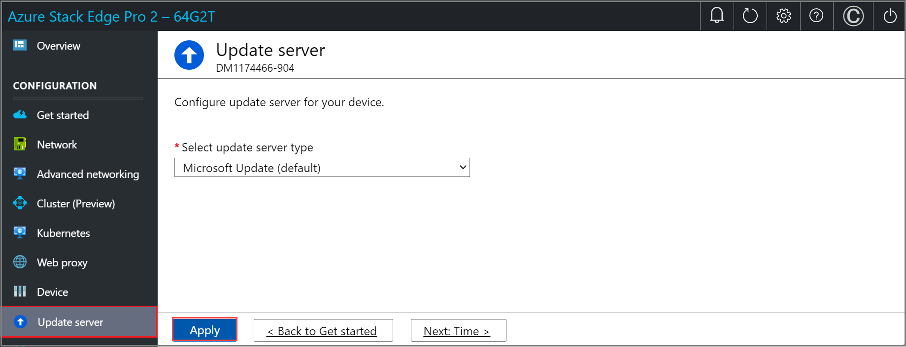 Screenshot della pagina Aggiorna server con il server di aggiornamento Microsoft configurato nell'interfaccia utente Web locale di un dispositivo Azure Stack Edge. Il pulsante Applica è evidenziato.