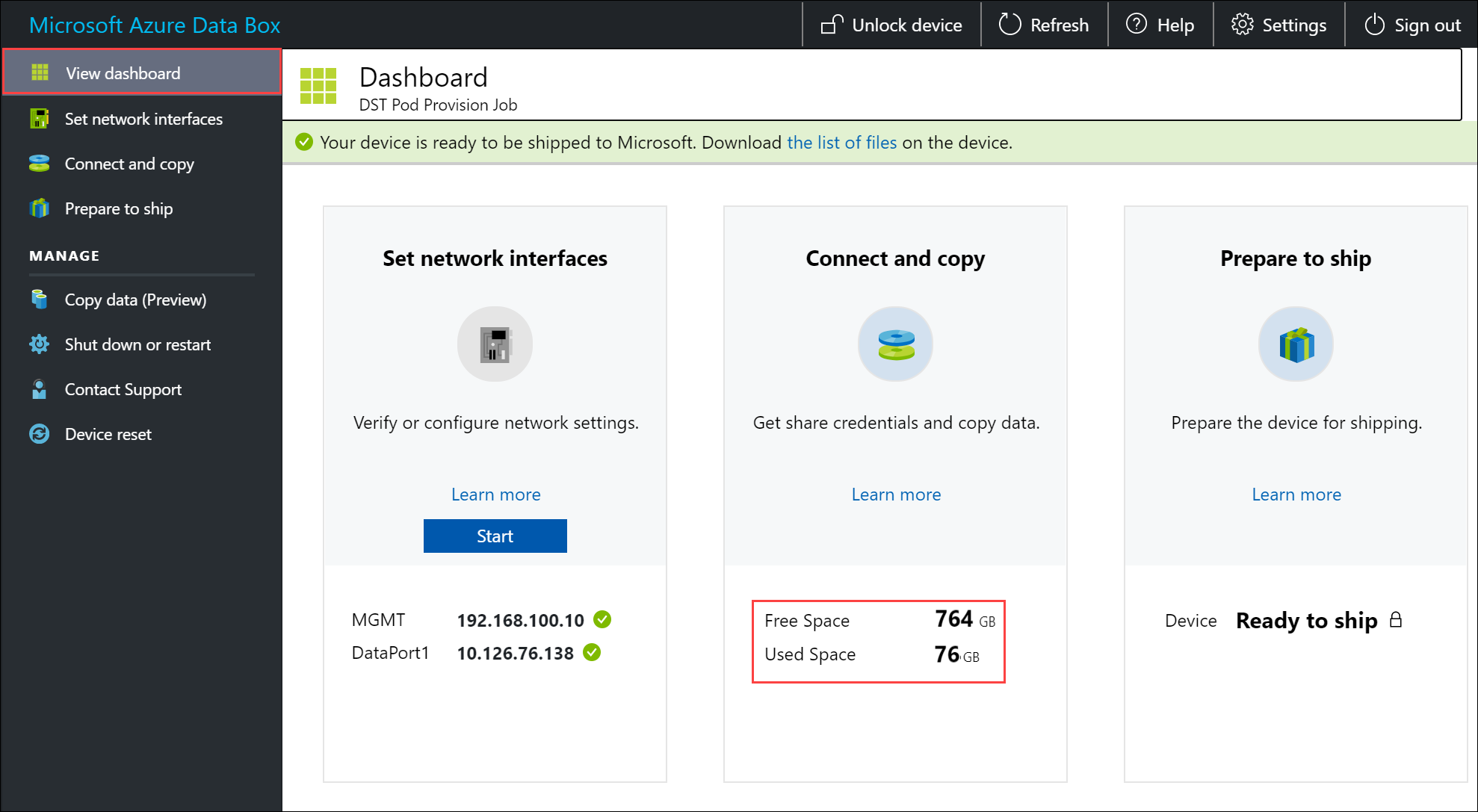 Verificare lo spazio occupato e lo spazio disponibile nel dashboard