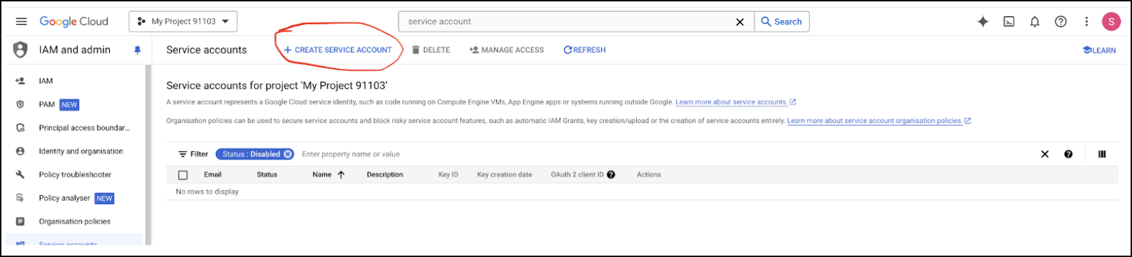 Creare un account del servizio GA4