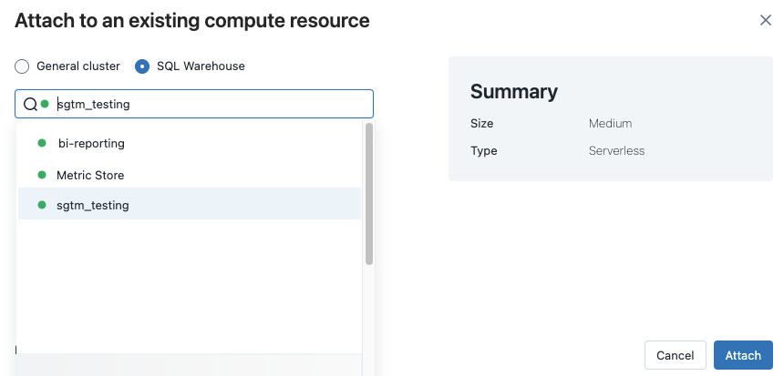 ulteriori opzioni del cluster nella finestra di dialogo con SQL Warehouse selezionato