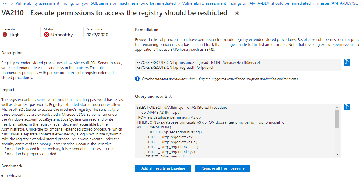 Quando si esaminano i risultati della valutazione, è possibile contrassegnare i risultati come una baseline accettabile nell'ambiente in uso.