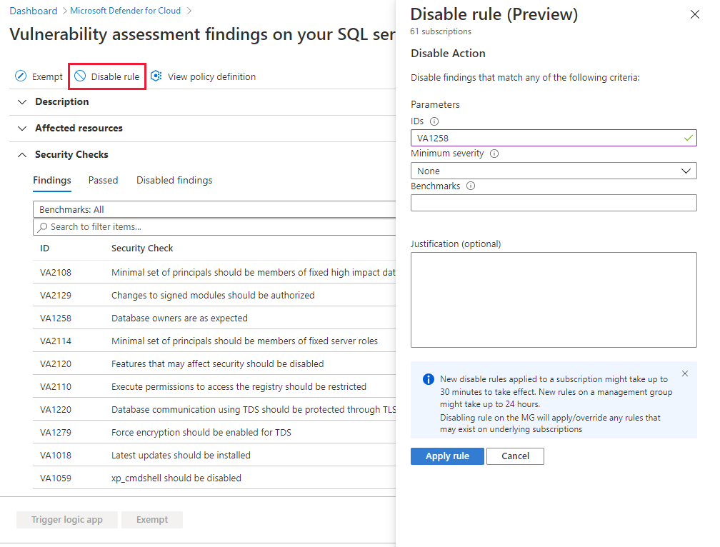 Creare una regola di disabilitazione per i risultati delle istanze di valutazione dei dati nei server SQL nei computer.