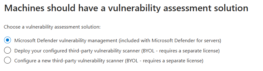 Screenshot della finestra che mostra le opzioni per la selezione di una soluzione di valutazione della vulnerabilità nella raccomandazione.