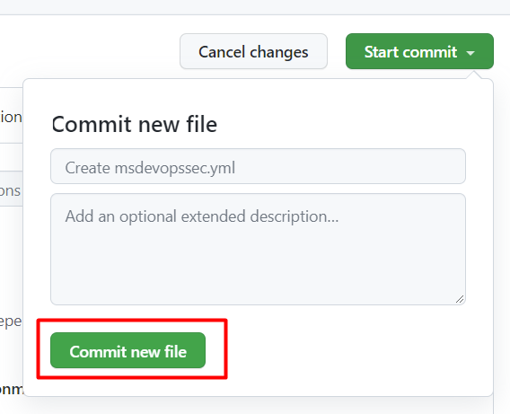 Screenshot che mostra come eseguire il commit di un nuovo file.