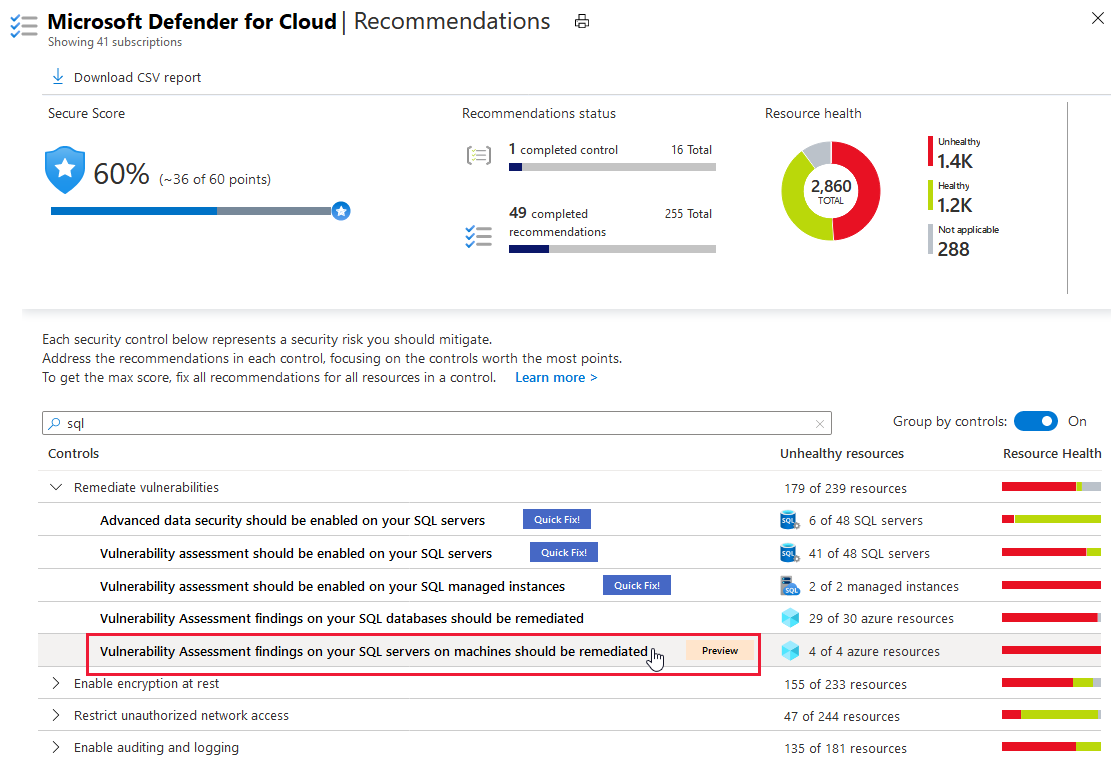 I risultati delle vulnerabilità devono essere risolti nei server SQL