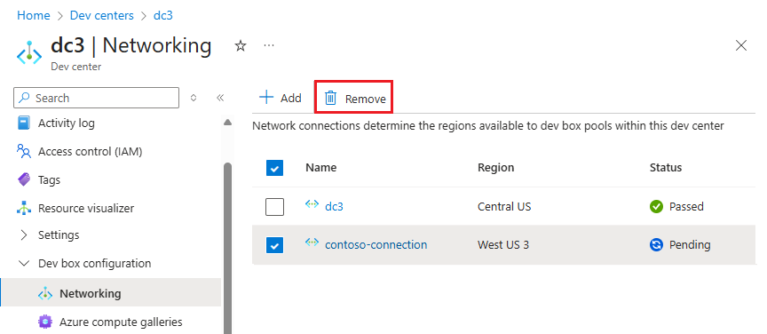 Screenshot che mostra come rimuovere una connessione di rete selezionata collegata a un dev center.
