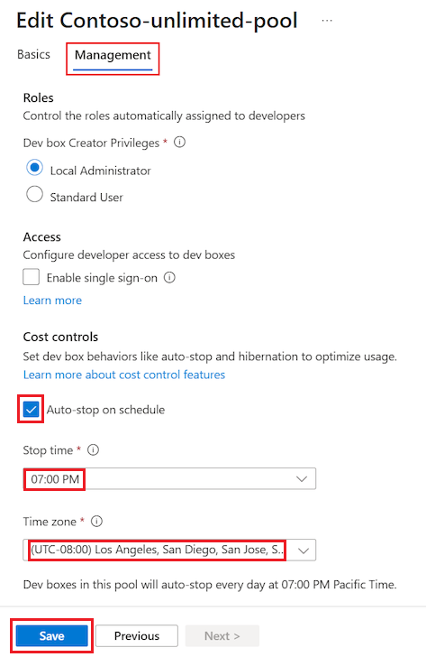 Screenshot della pagina di modifica del pool di dev box che mostra la sezione Controlli dei costi e l'opzione autostop selezionata.