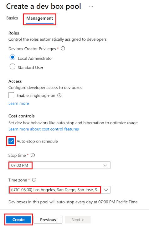 Screenshot della finestra di dialogo Crea pool di caselle di sviluppo.