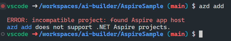 Screenshot che mostra l'errore di progetto .NET Aspire incompatibile.