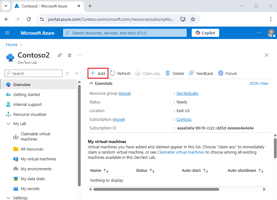 Screenshot che mostra la pagina di panoramica del lab con il pulsante Aggiungi.