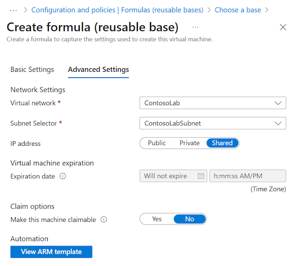 Screenshot di una scheda di configurazione impostazioni avanzate di esempio per l'aggiunta di una formula in DevTest Labs.