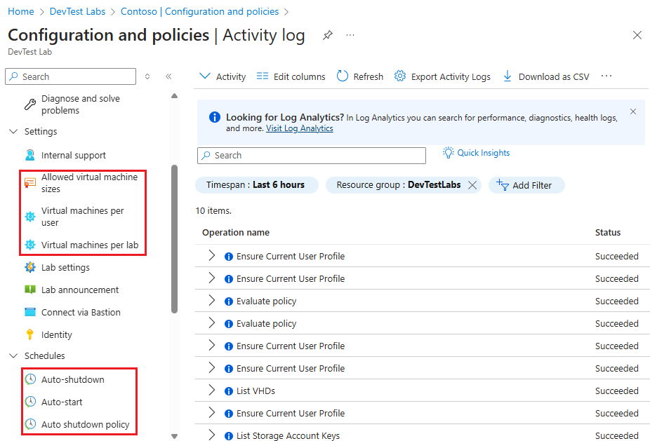 Screenshot che mostra le opzioni di configurazione e policy di un laboratorio.