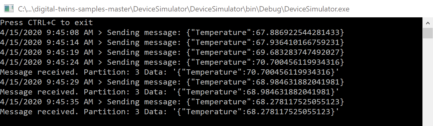 Screenshot dell'output della console del simulatore di dispositivi che mostra i dati del dispositivo di temperatura inviati.