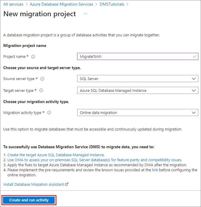 Creare il progetto del Servizio Migrazione del database