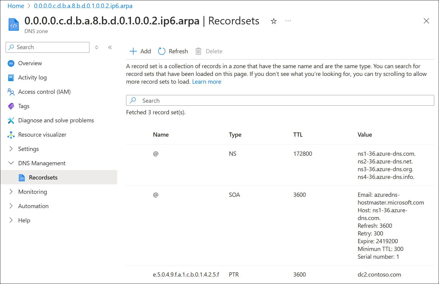 Screenshot del record del puntatore IPv6 nella pagina di panoramica.