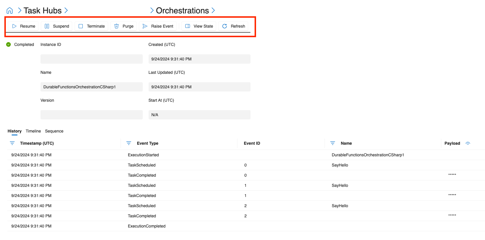 Screenshot del dashboard che mostra i pulsanti usati per gestire l'orchestrazione.