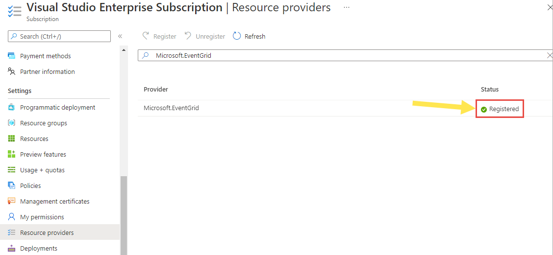 Immagine che mostra la corretta registrazione del provider Microsoft.EventGrid con la sottoscrizione di Azure.