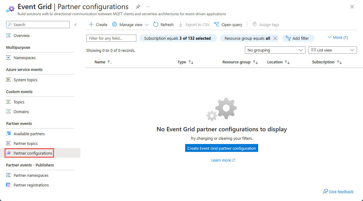 Screenshot che mostra la pagina Configurazioni partner di Griglia di eventi con l'elenco delle configurazioni partner e il collegamento per creare una registrazione partner.